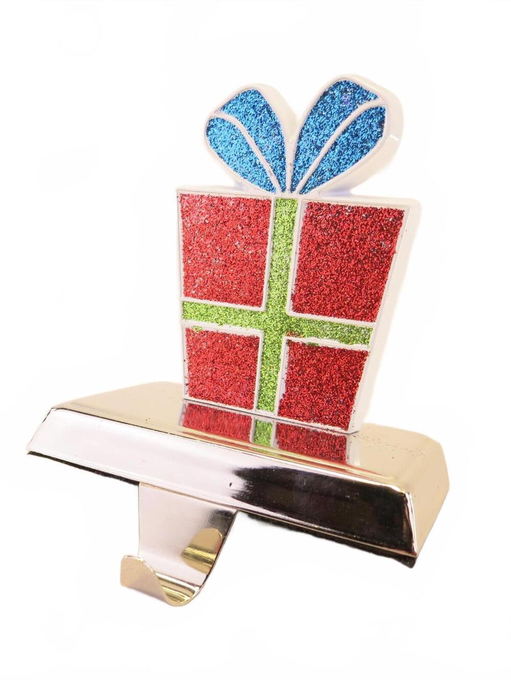 Enamel on Metal Glitter Red Gift Box Christmas Stocking Holder 5" tall Vintage